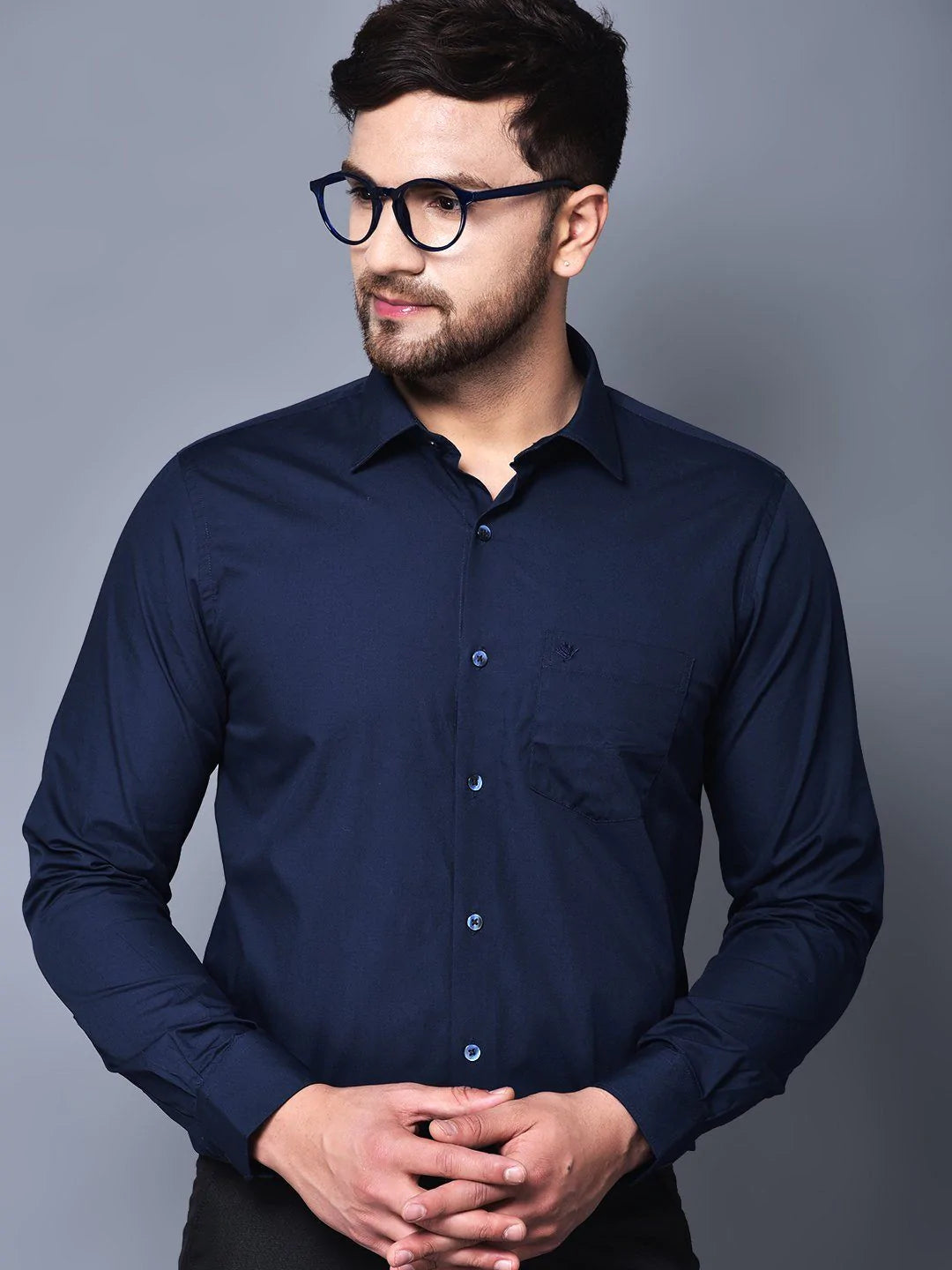 Cobb Navy Blue Solid Slim Fit Formal Shirt - Main Image