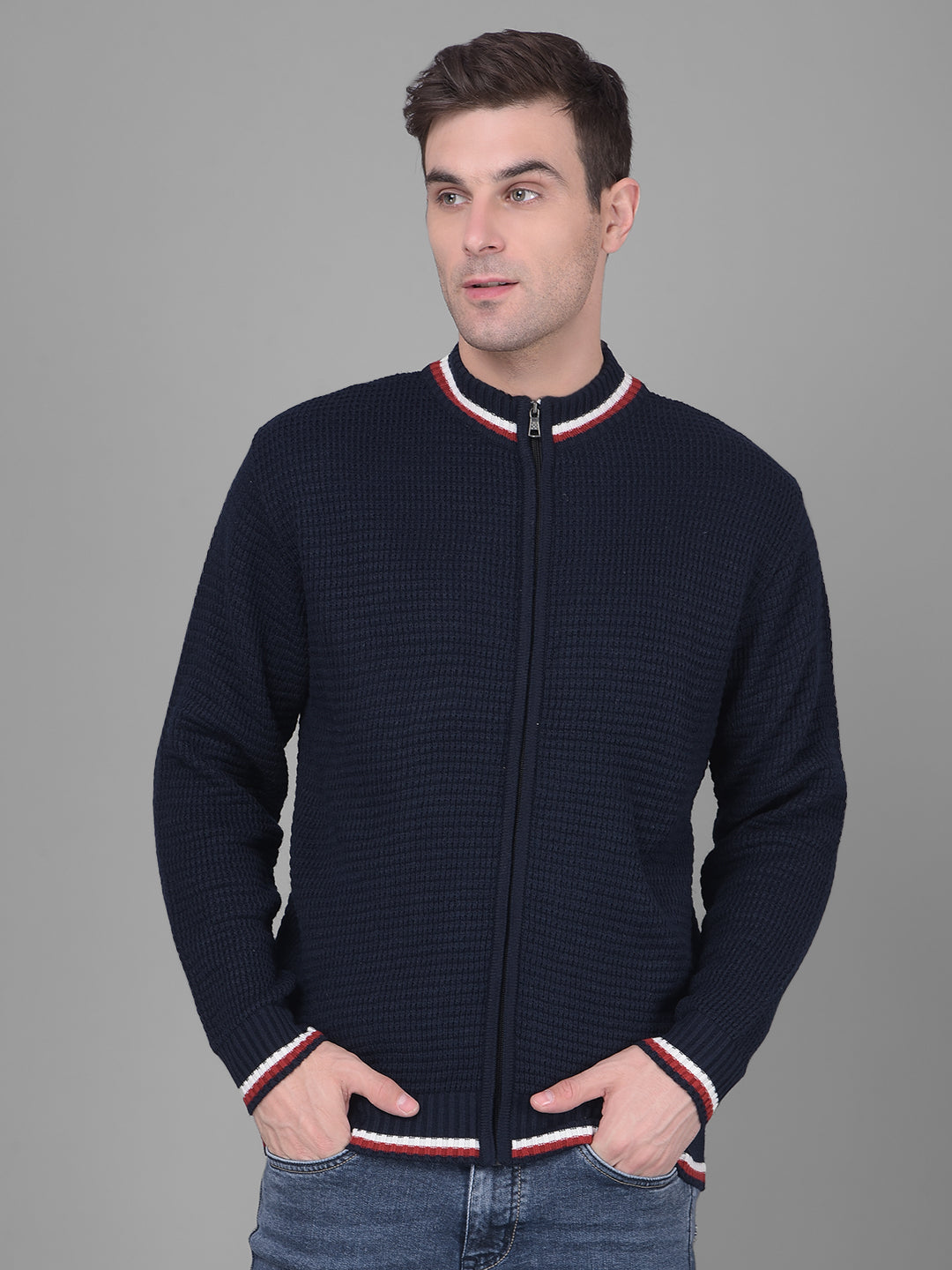 cobb solid navy blue high neck zipper sweater