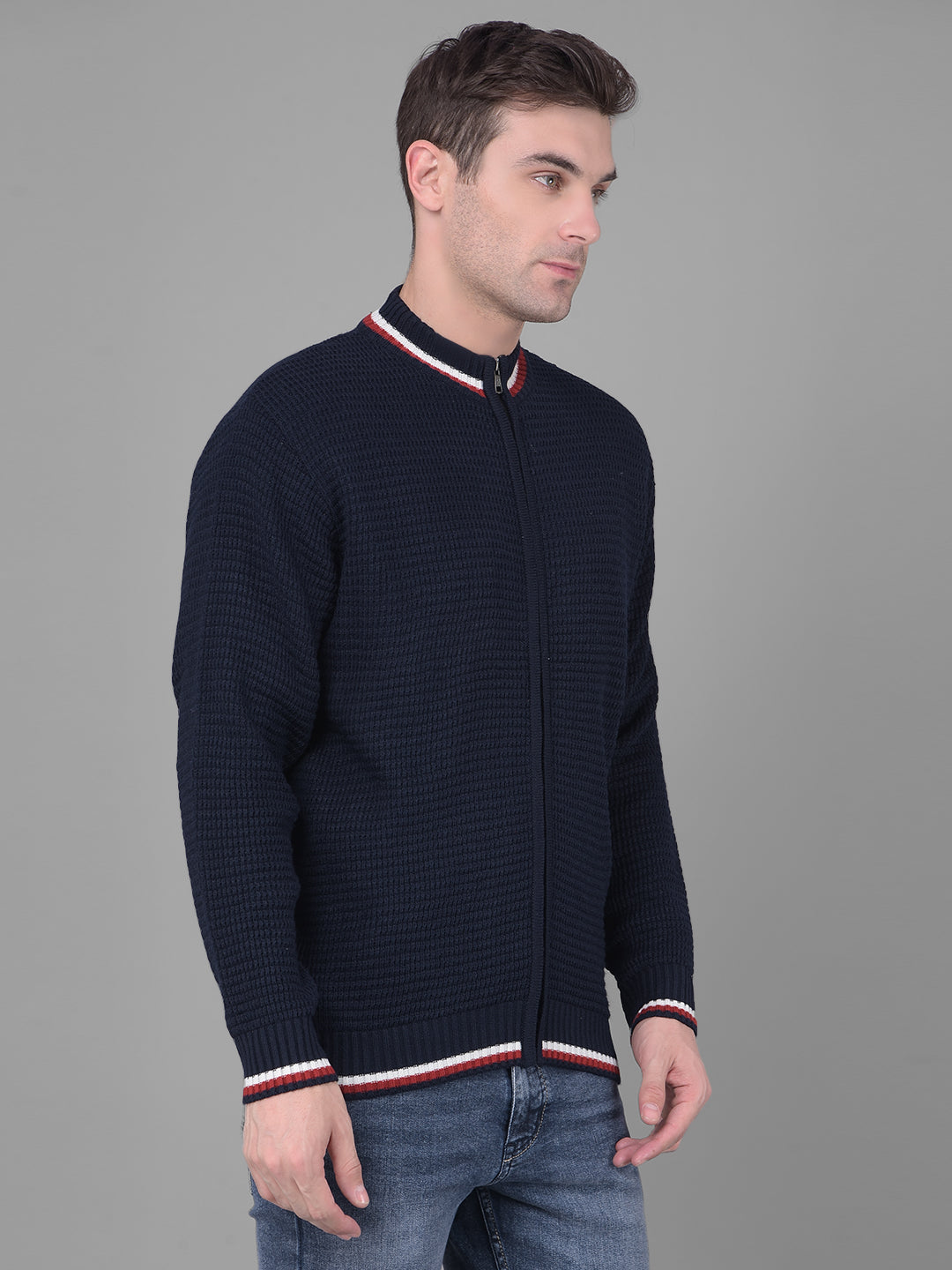 cobb solid navy blue high neck zipper sweater