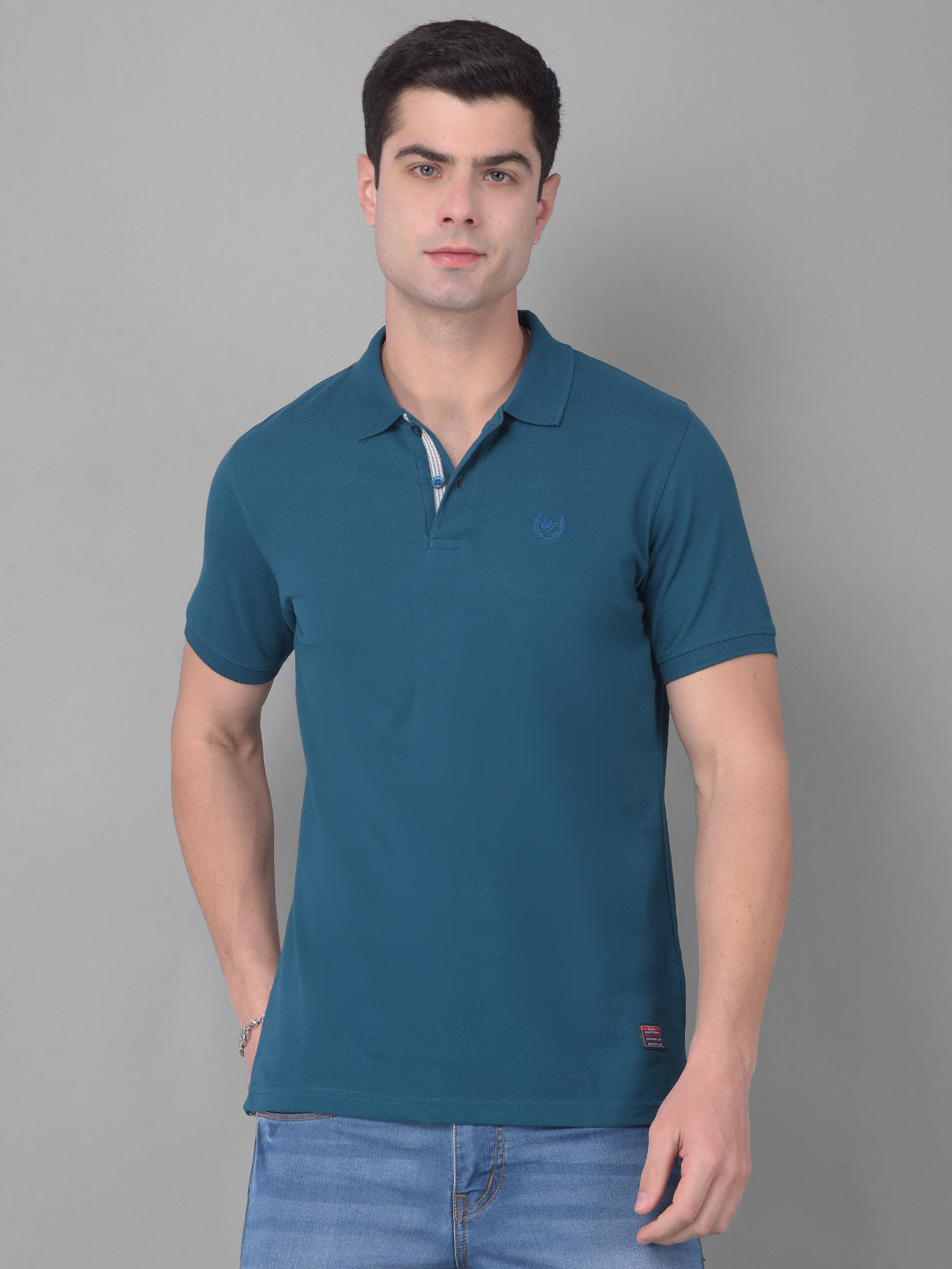 cobb solid crystal teal polo neck t-shirt