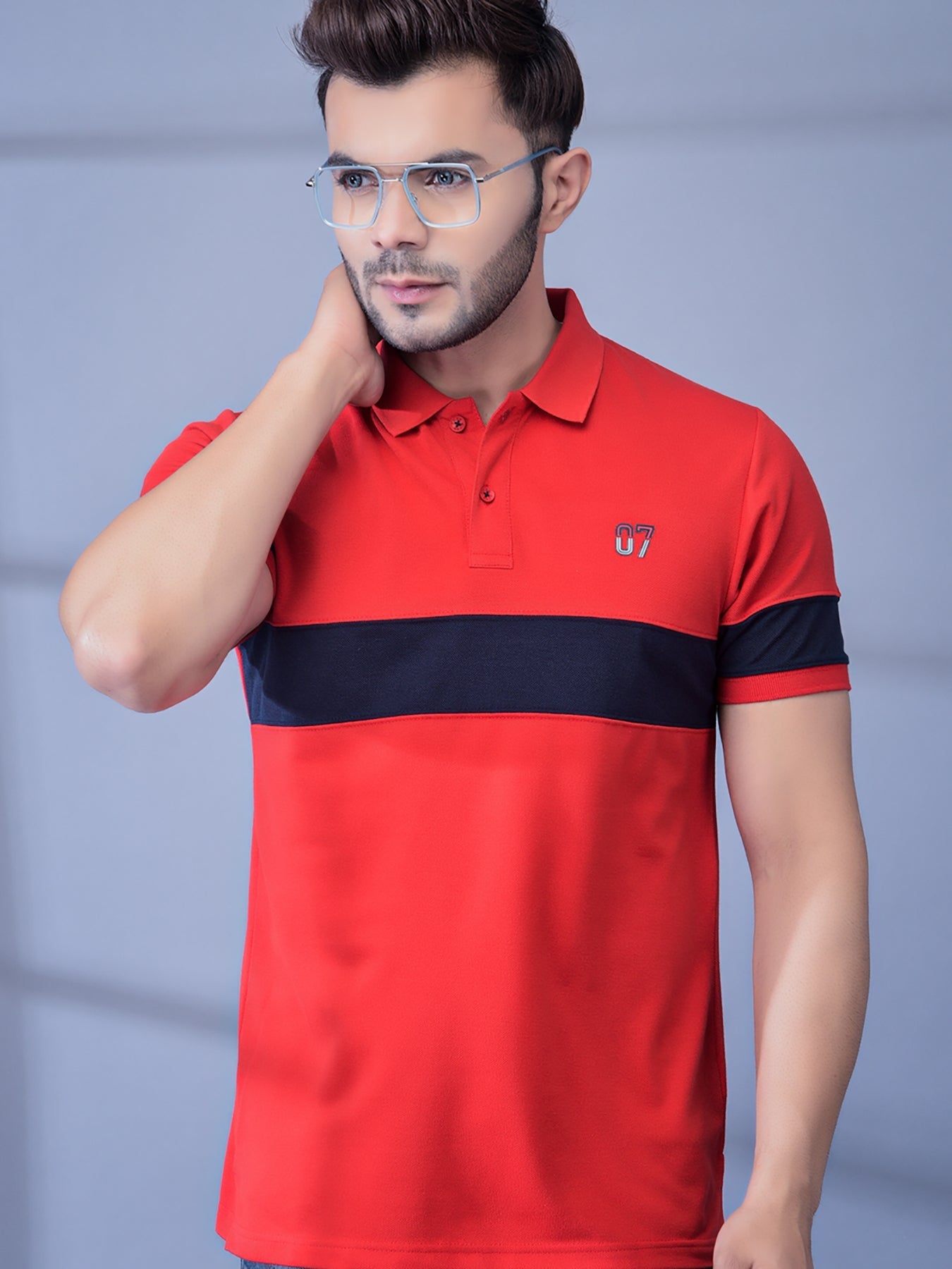 Cobb-Red-Striped-Polo-Neck-T-Shirt