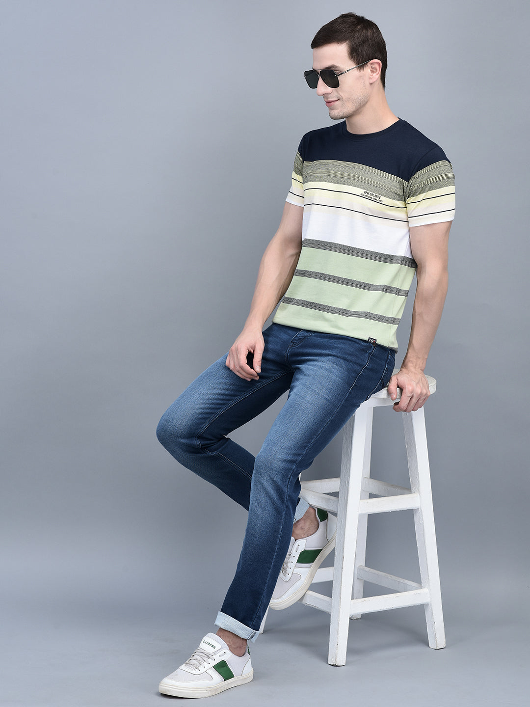 Cobb Green Striped Round Neck T-Shirt