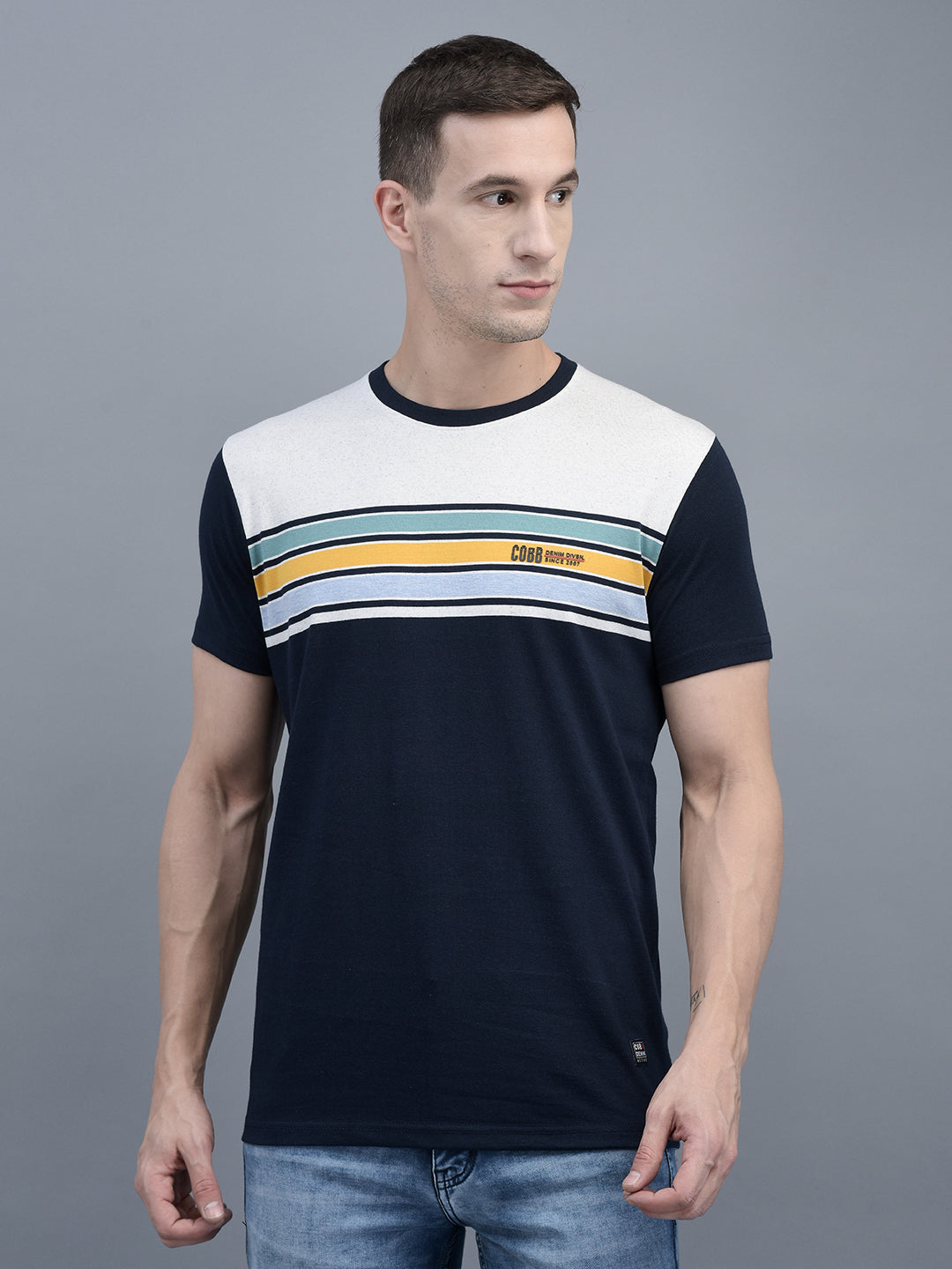 Cobb Navy Blue Striped Round Neck T-Shirt NAVY BLUE