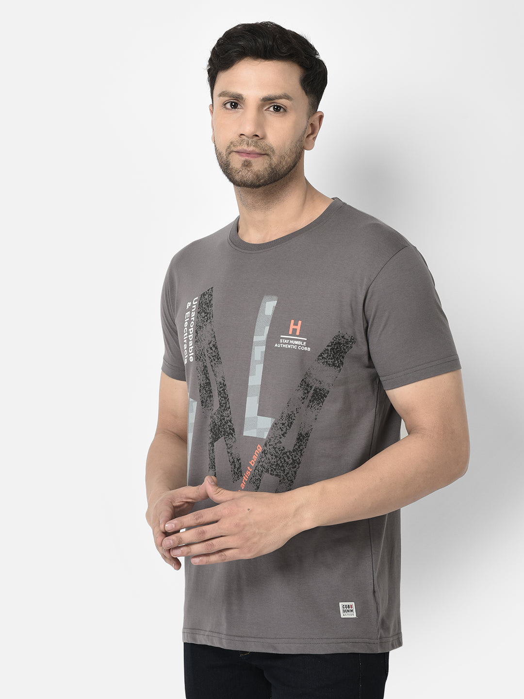 Cobb Dark Grey Printed Round Neck T-Shirt