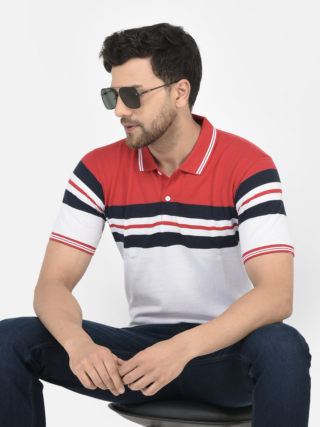 Cobb White Striped Polo Neck T-Shirt WHITE