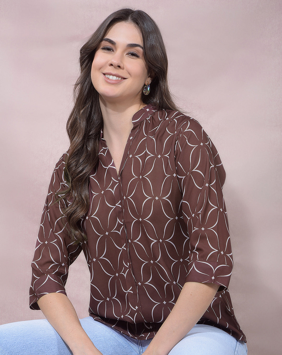 MISS FOREVER BROWN PRINTED TOP