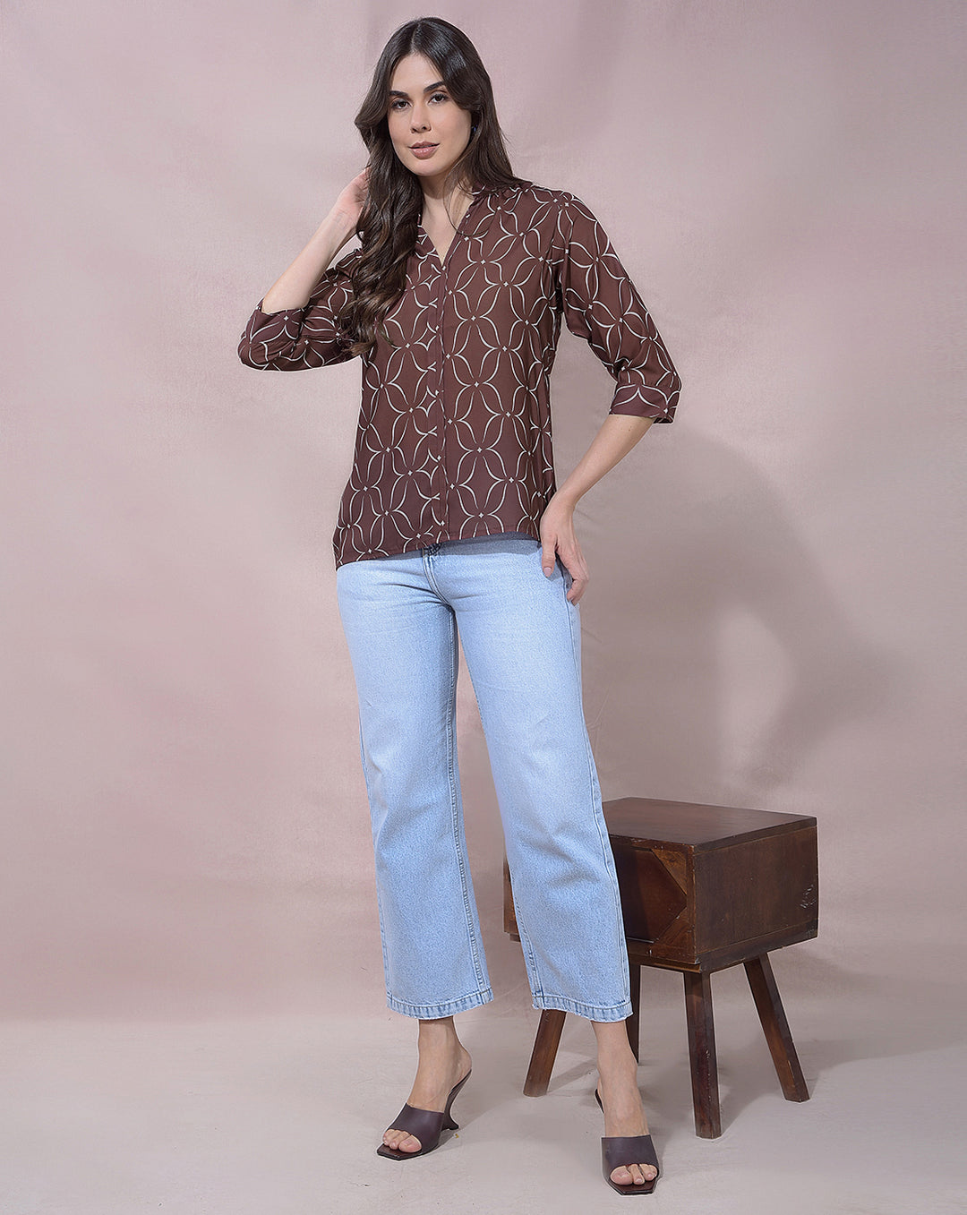 MISS FOREVER BROWN PRINTED TOP