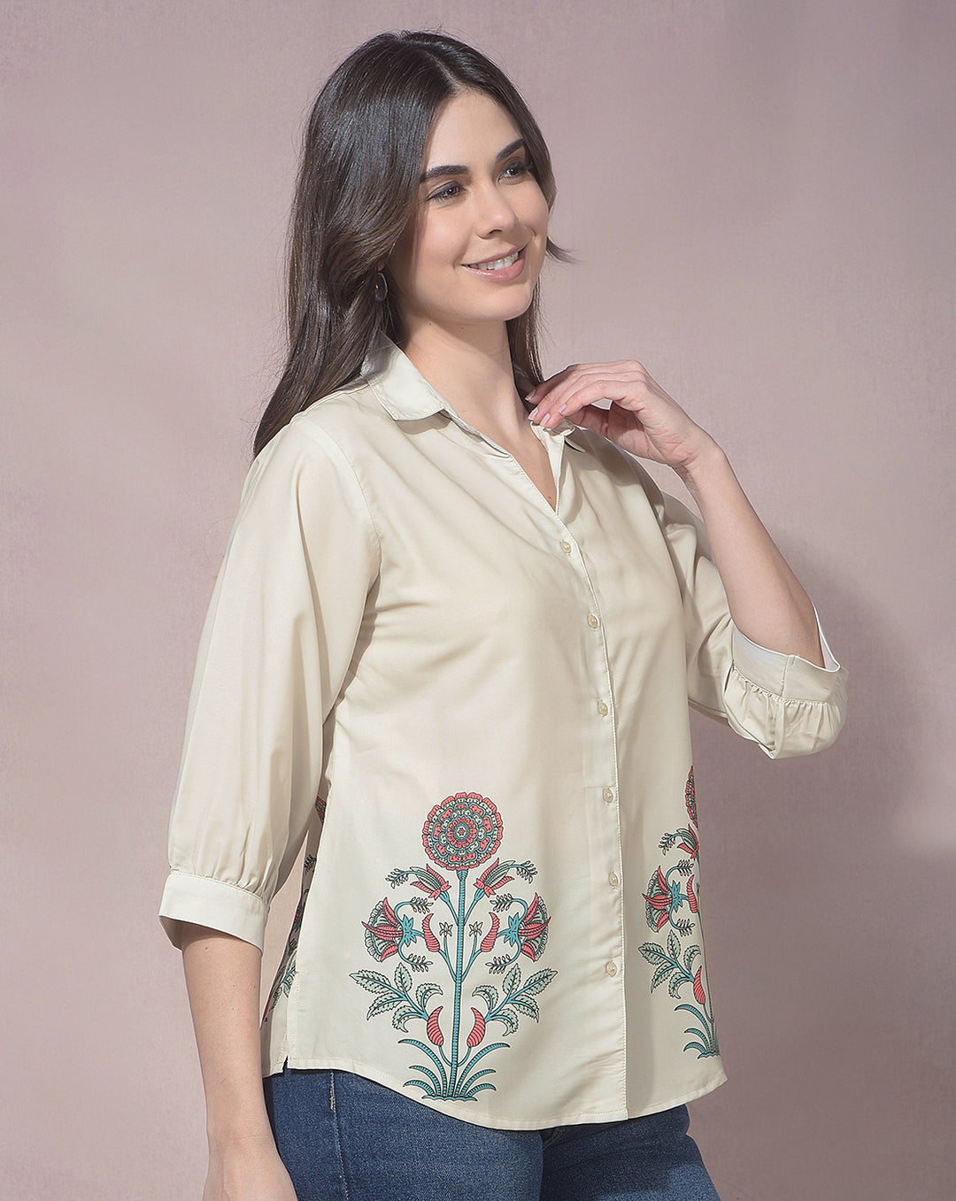 MISS FOREVER CREAM PRINTED CASUAL SHIRT