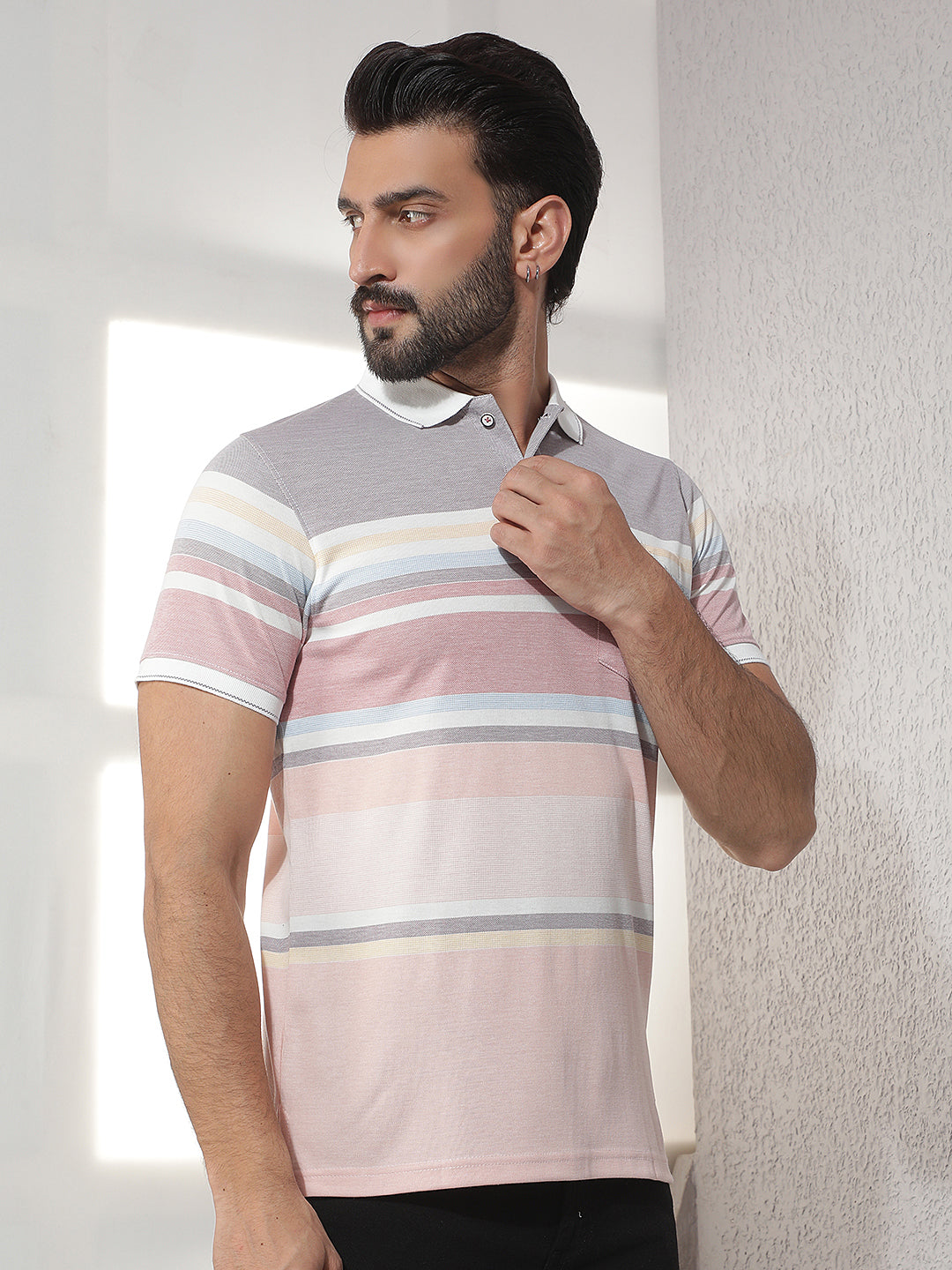 COBB MULTICOLOR STRIPED POLO NECK T-SHIRT
