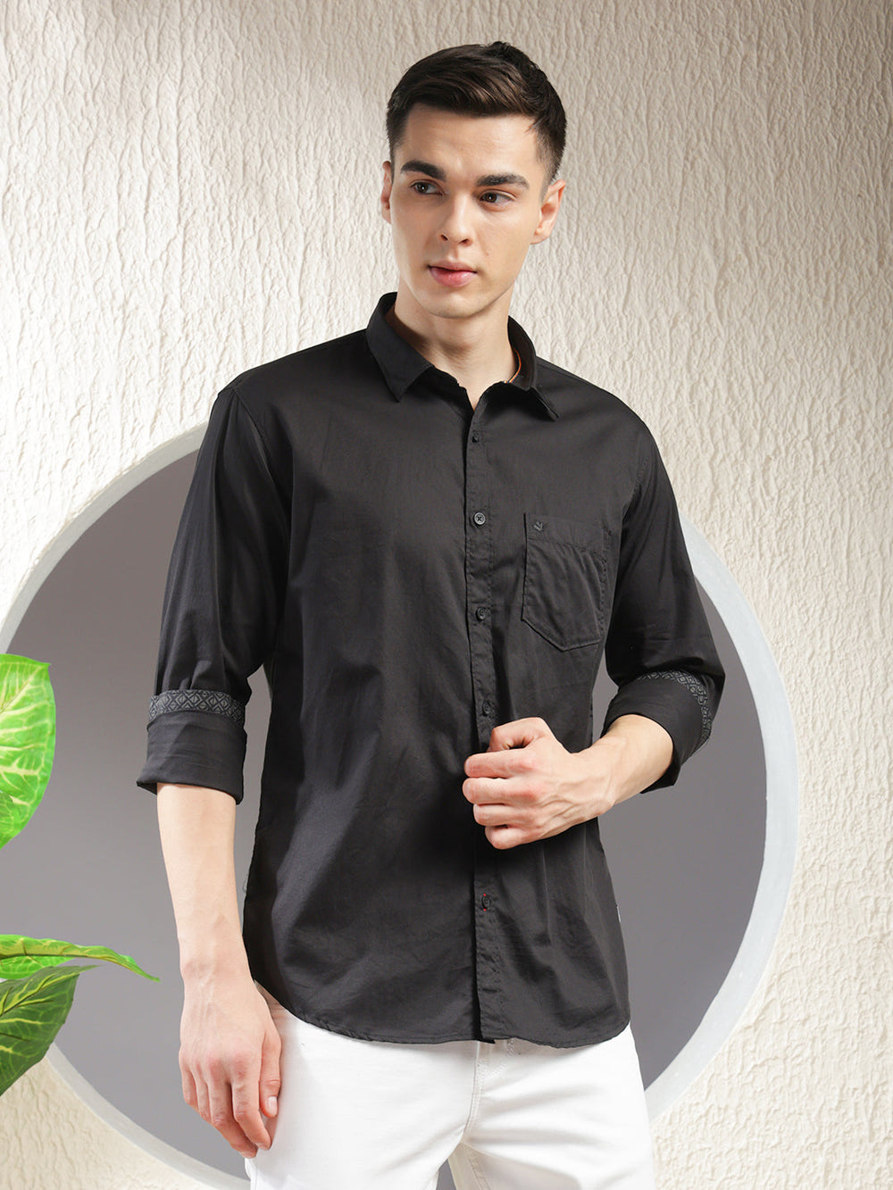cobb solid black slim-fit casual shirt