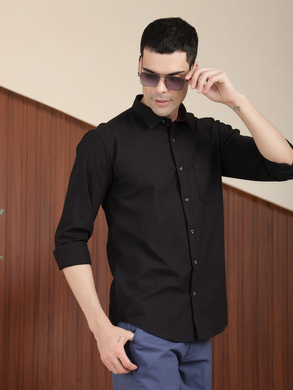 cobb solid black slim-fit casual shirt