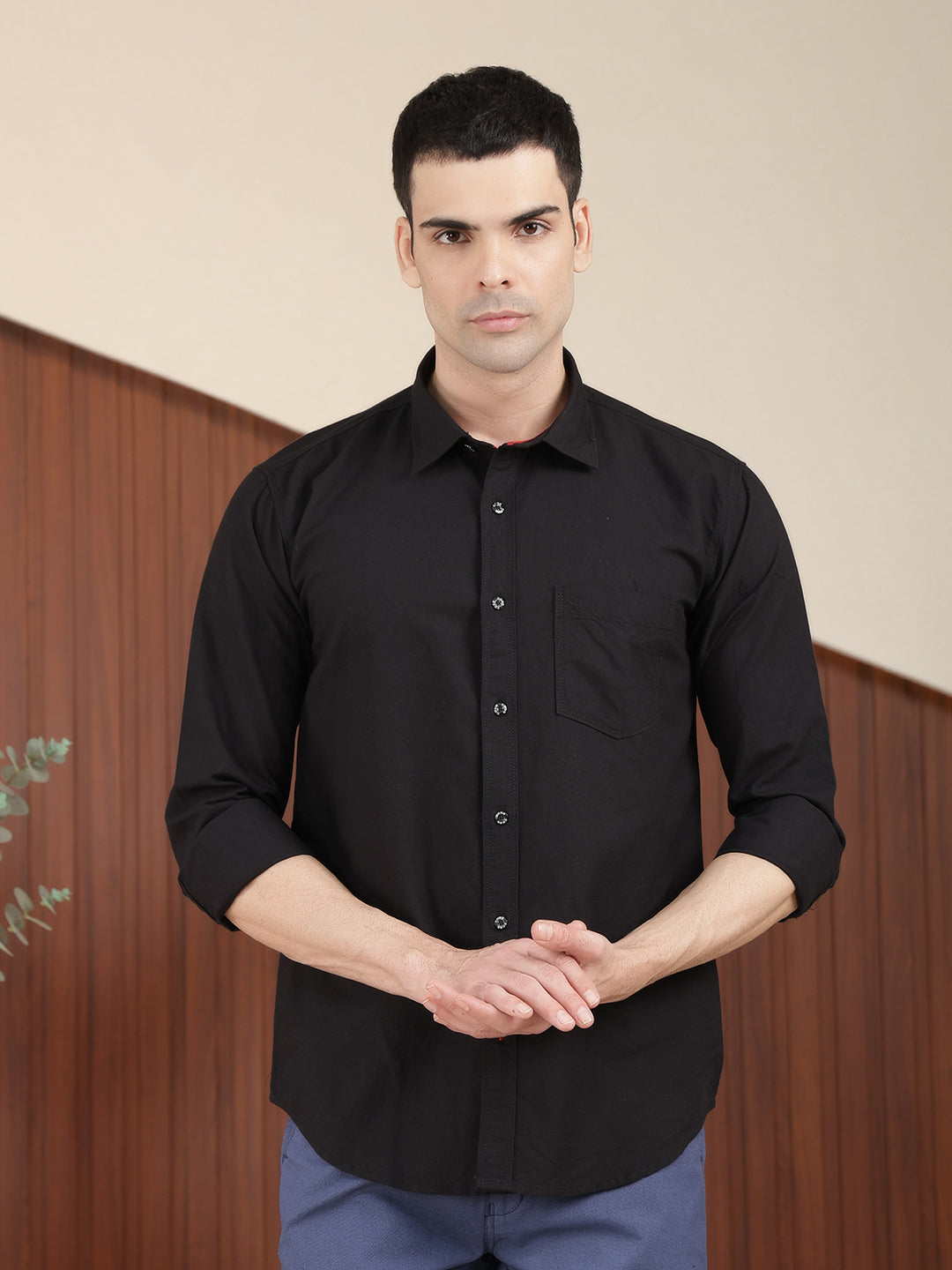 cobb solid black slim-fit casual shirt