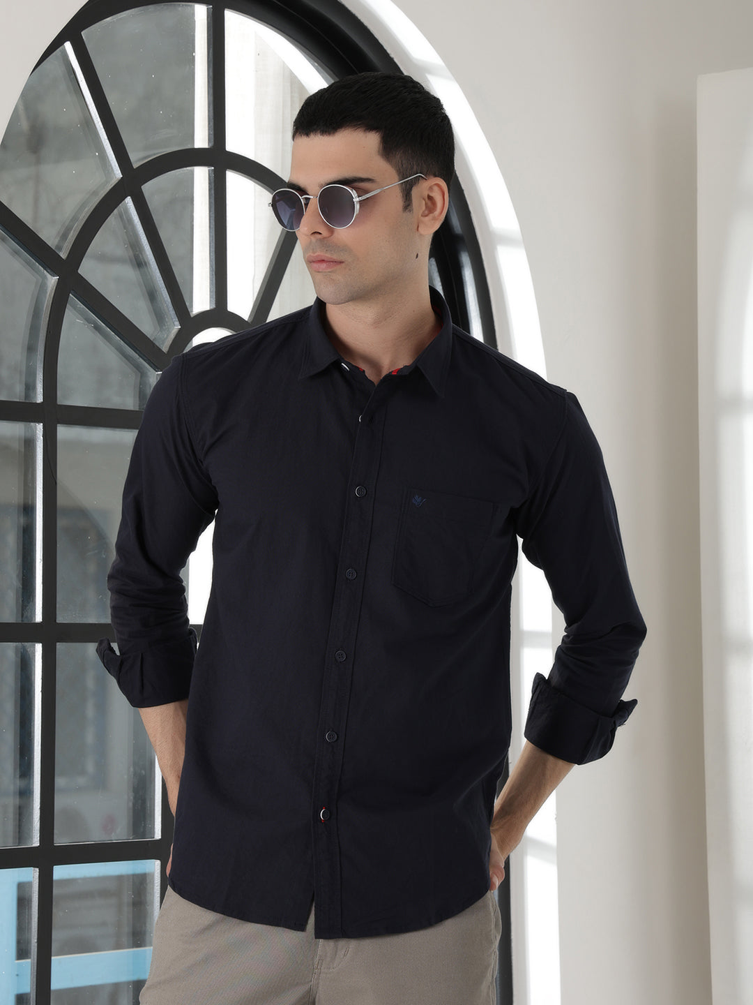 cobb solid navy blue slim-fit casual shirt