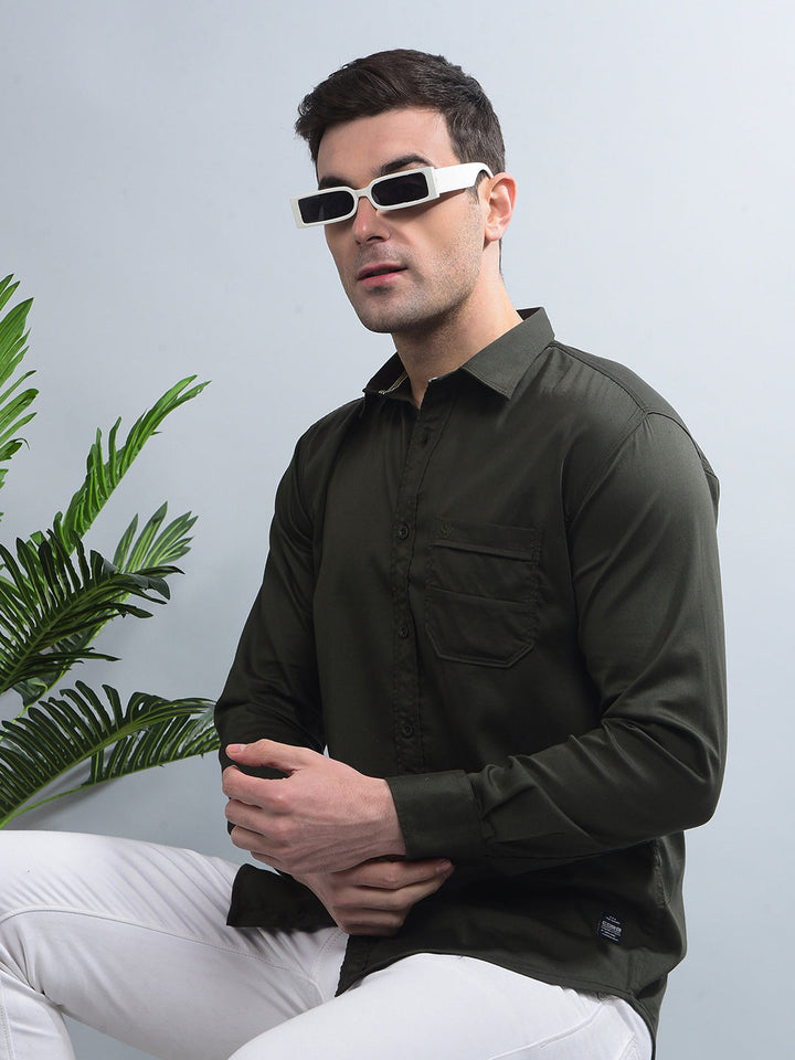 cobb solid dark olive stretchable casual shirt