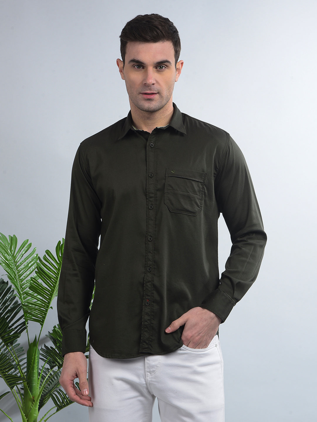 cobb solid dark olive stretchable casual shirt