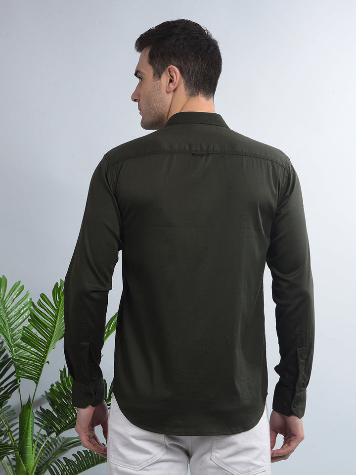 cobb solid dark olive stretchable casual shirt