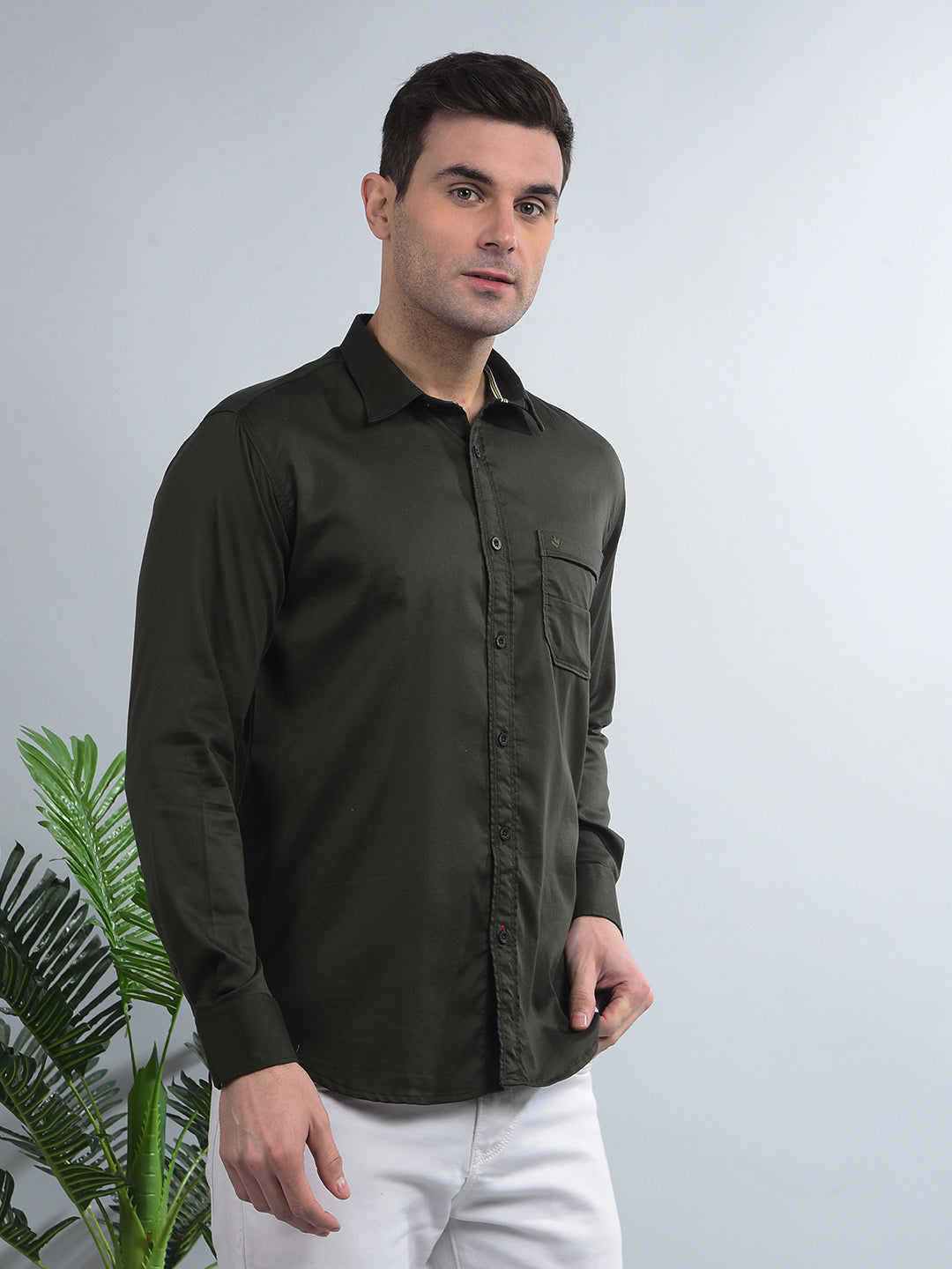 COBB SOLID DARK OLIVE STRETCHABLE CASUAL SHIRT