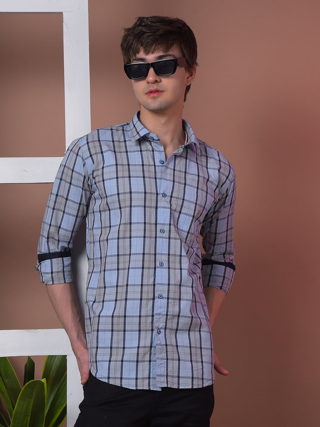 cobb blue checked slim-fit casual shirt