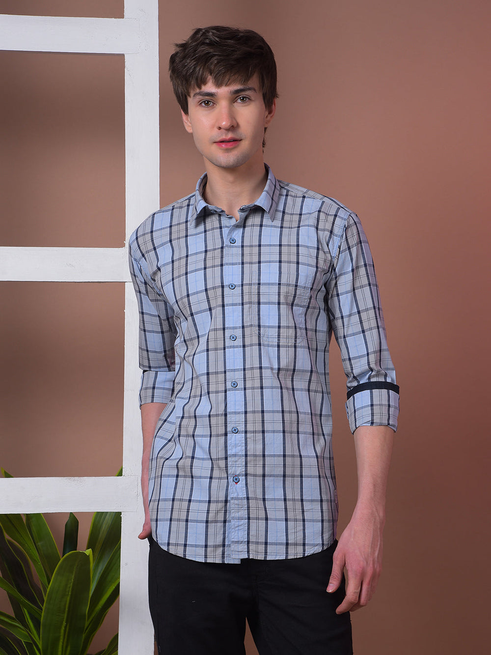 cobb blue checked slim-fit casual shirt