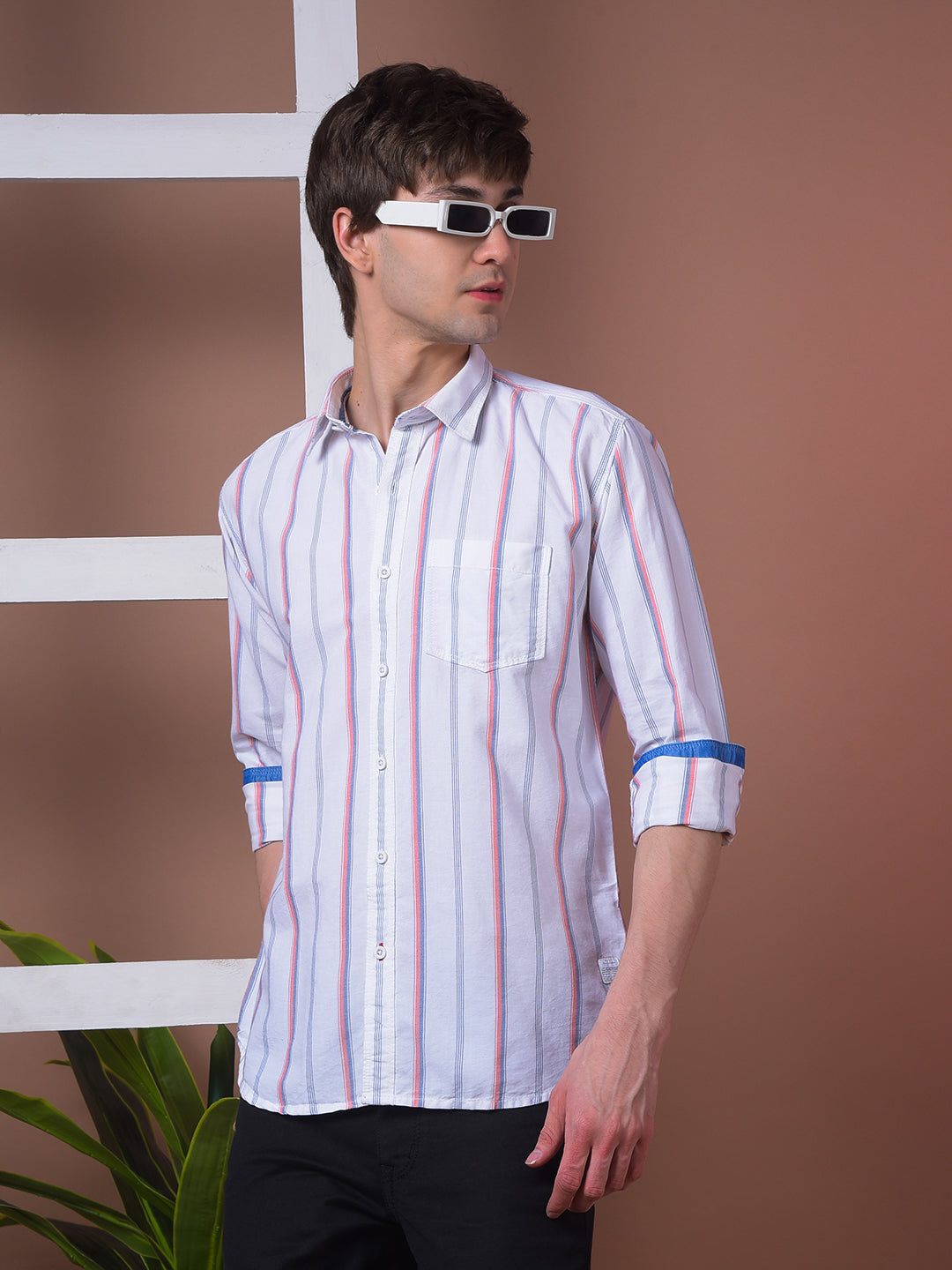 cobb orange striped slim-fit casual shirt