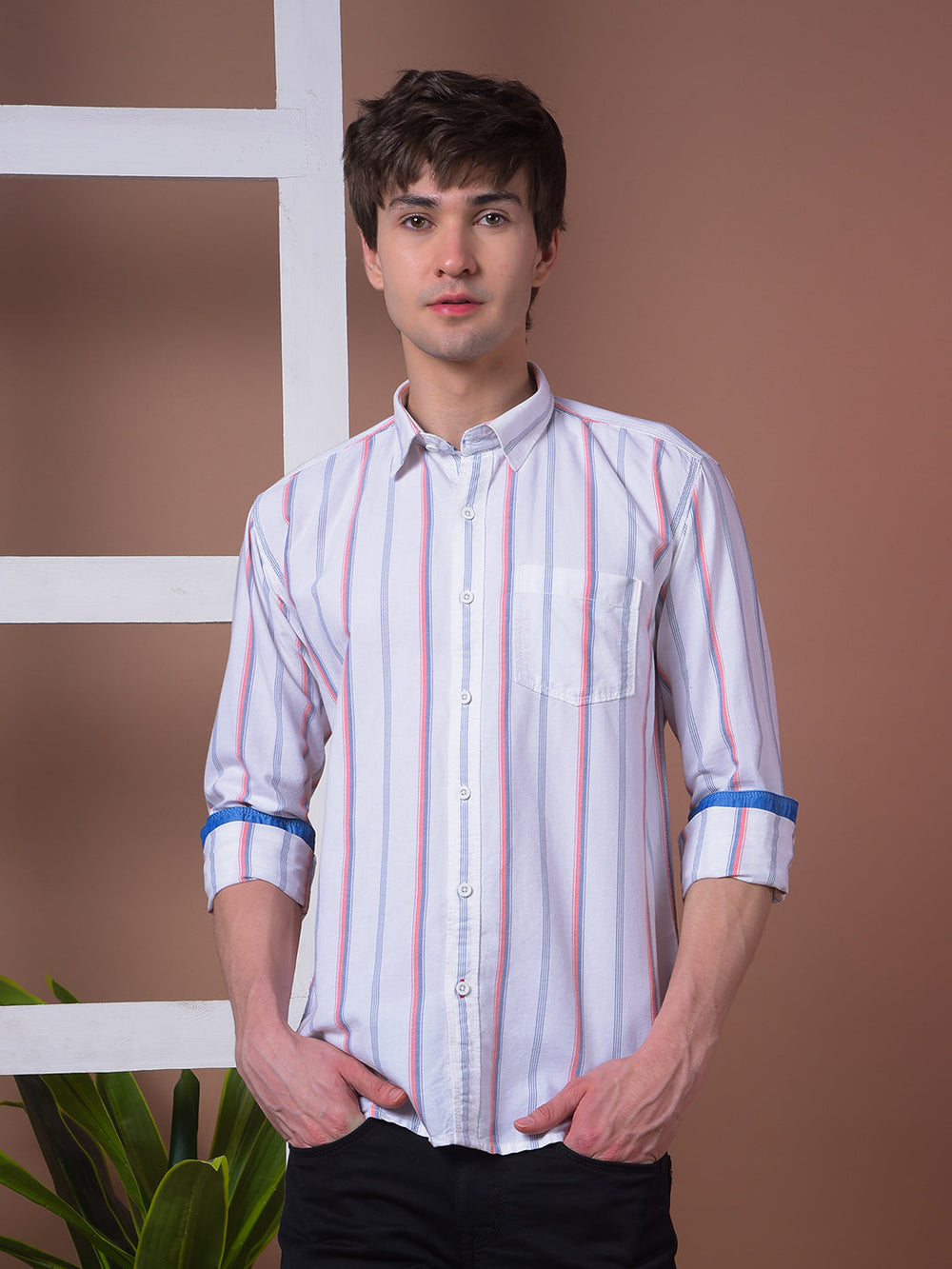 cobb orange striped slim-fit casual shirt