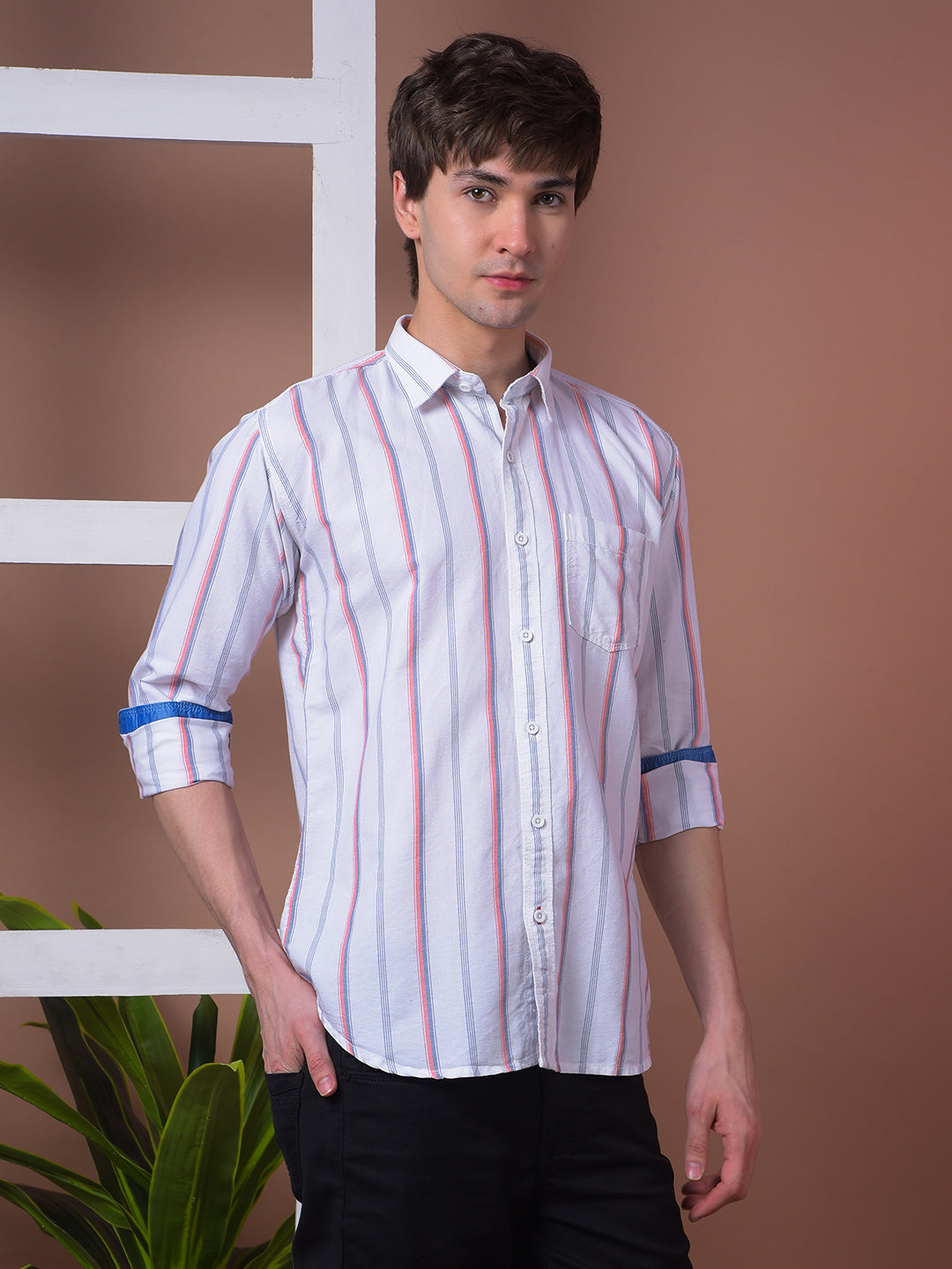 COBB ORANGE STRIPED SLIM-FIT CASUAL SHIRT