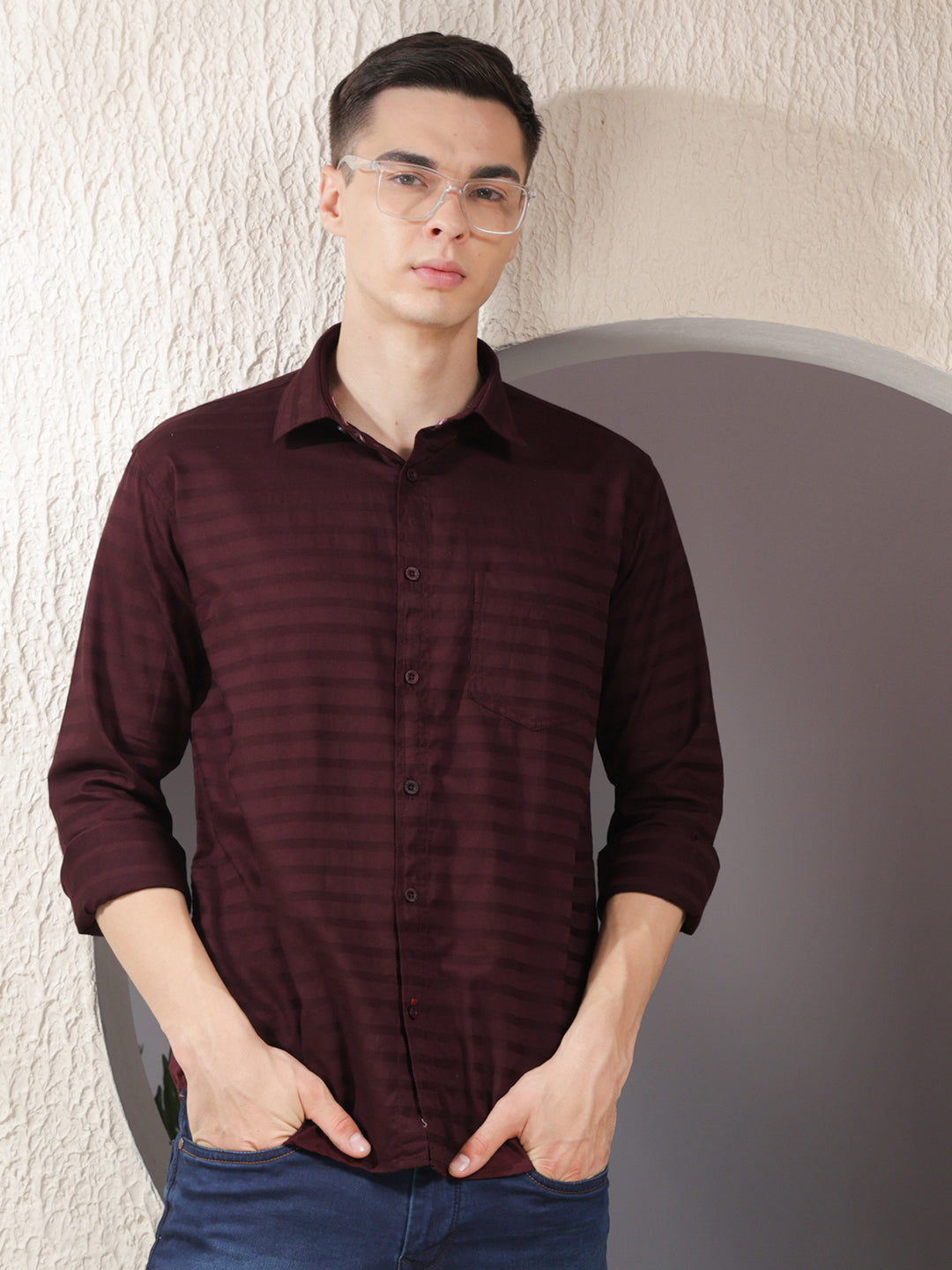 cobb wine striped slim-fit casual shirt