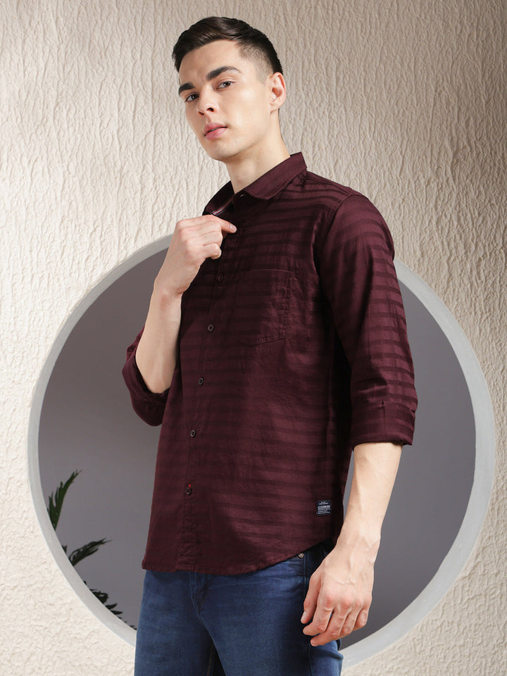 COBB WINE STRIPED SLIM-FIT CASUAL SHIRT