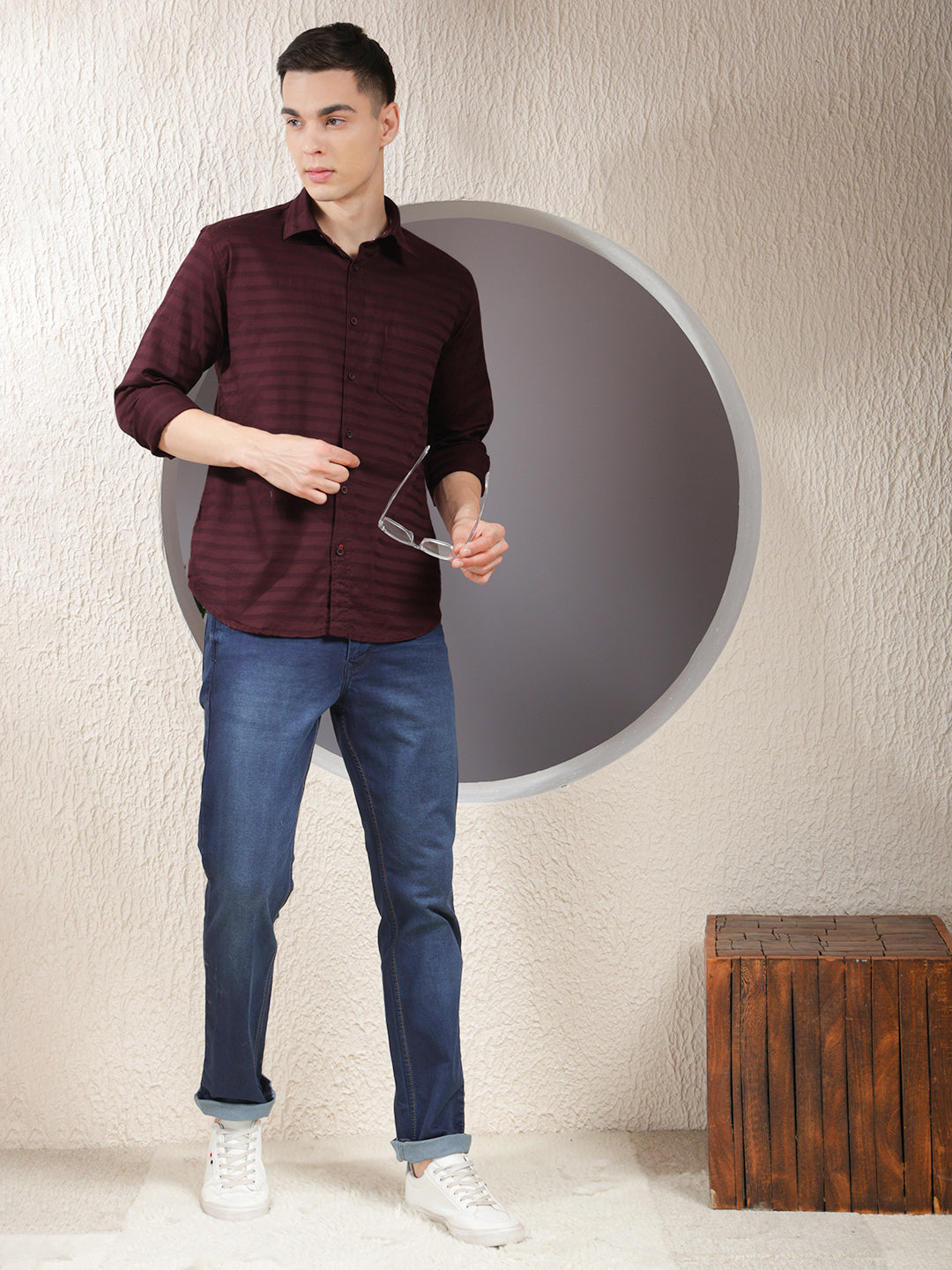 COBB WINE STRIPED SLIM-FIT CASUAL SHIRT