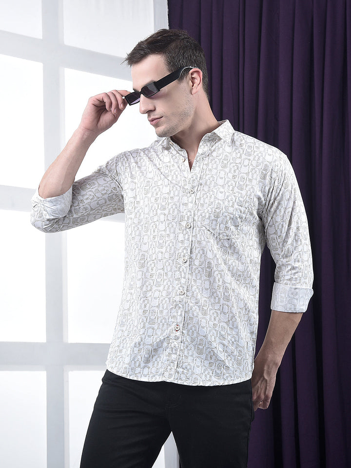 cobb beige printed slim-fit casual shirt