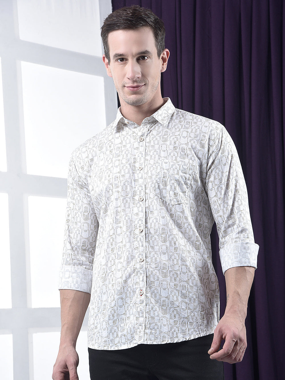 cobb beige printed slim-fit casual shirt