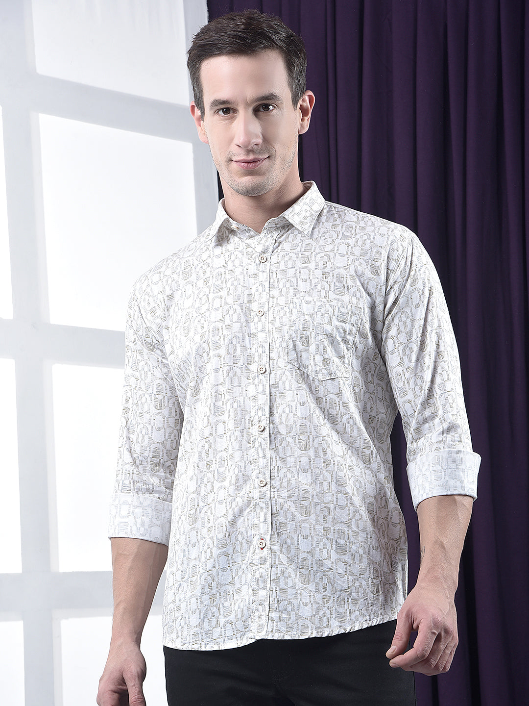 cobb beige printed slim-fit casual shirt