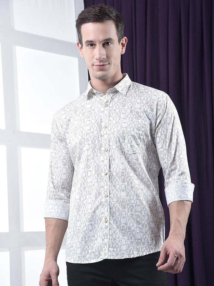 cobb beige printed slim-fit casual shirt