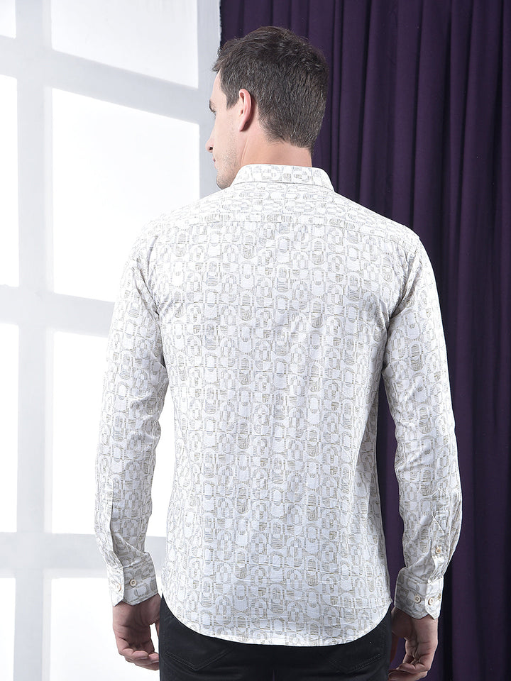cobb beige printed slim-fit casual shirt