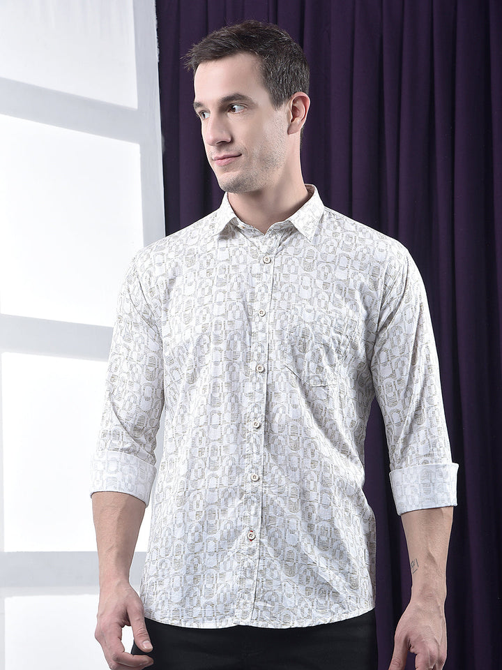 cobb beige printed slim-fit casual shirt