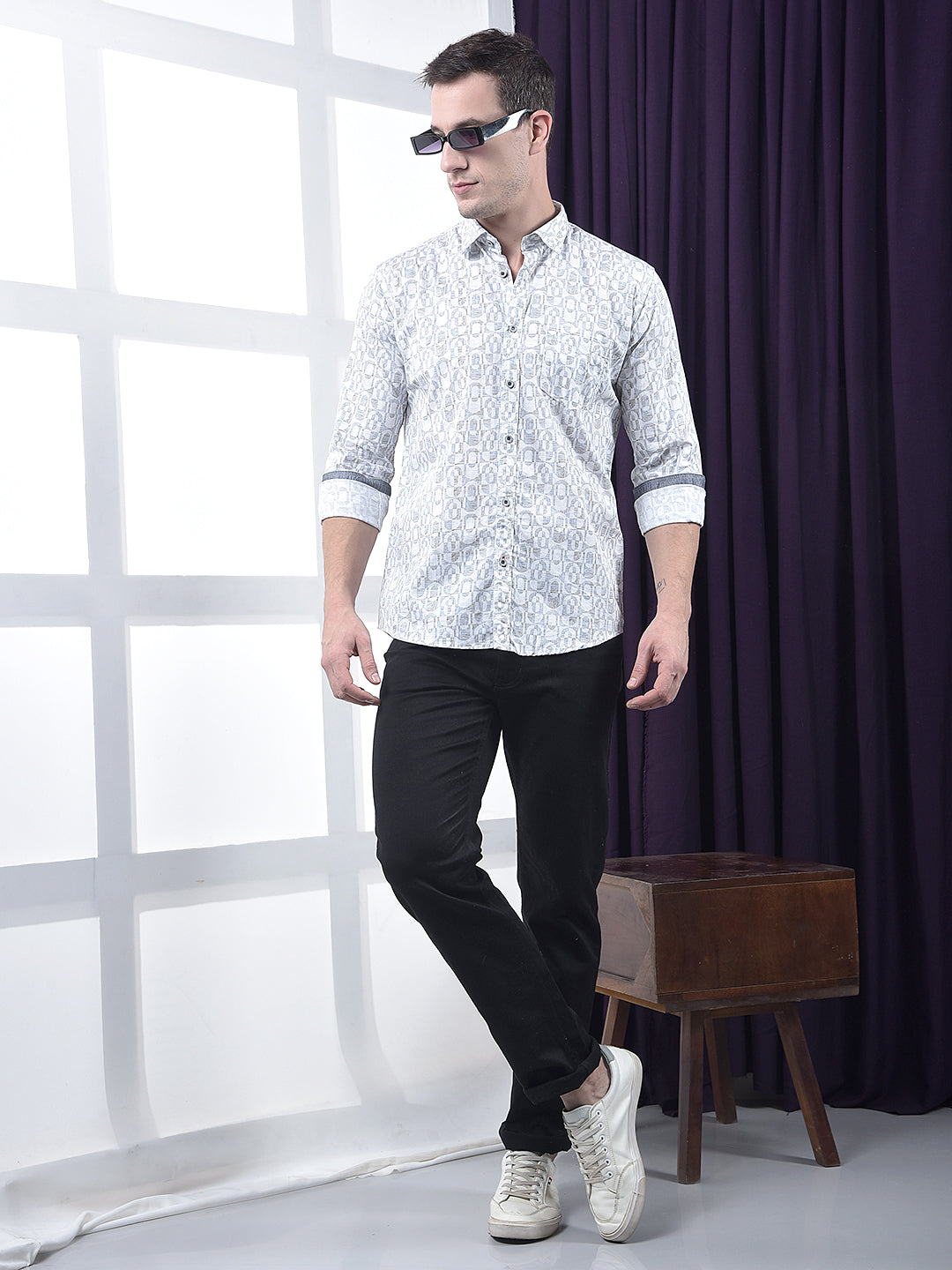 COBB GREY PRINTED SLIM-FIT CASUAL SHIRT