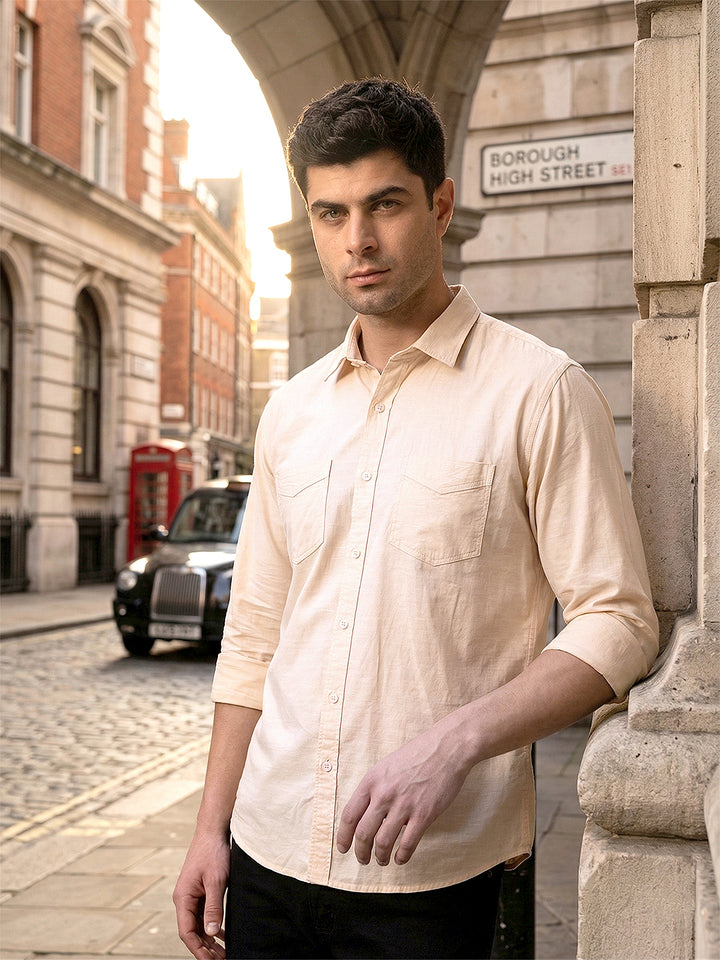 cobb beige solid slim-fit casual shirt