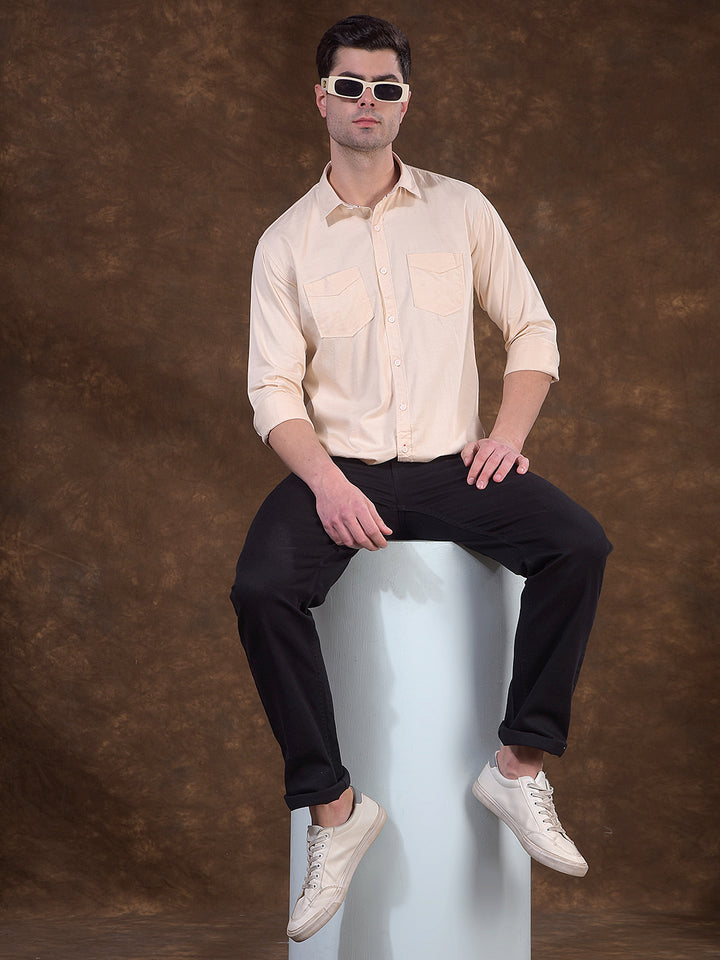 COBB BEIGE SOLID SLIM-FIT CASUAL SHIRT