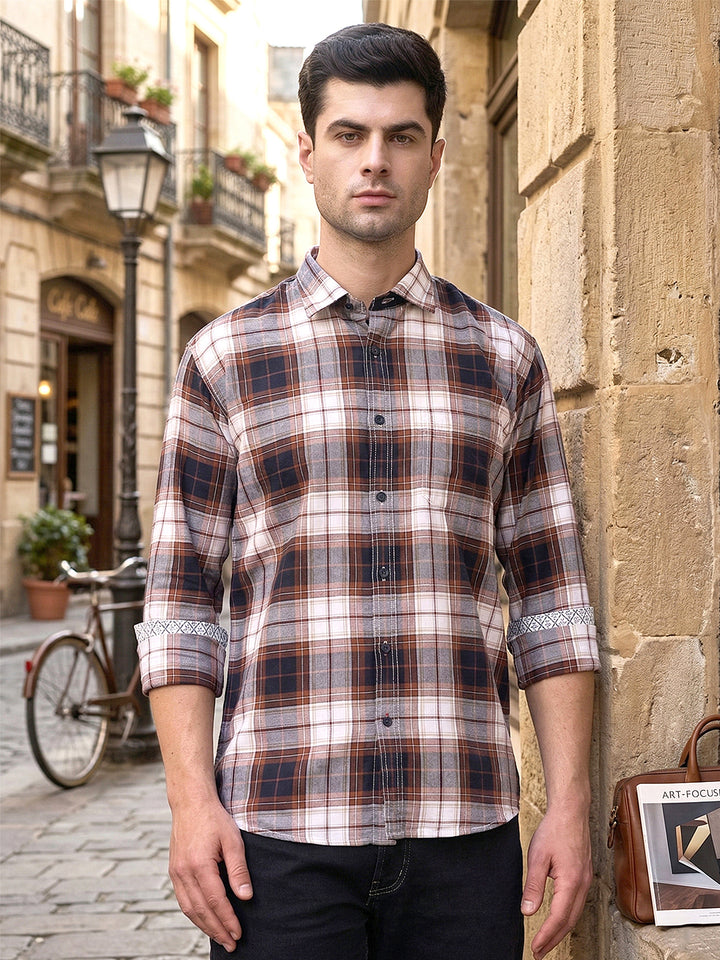 cobb navy checked slim-fit casual shirt