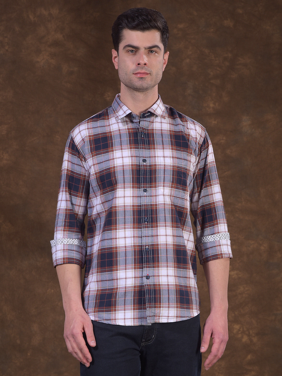 cobb navy checked slim-fit casual shirt