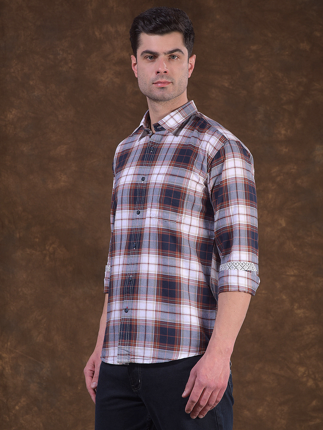 cobb navy checked slim-fit casual shirt