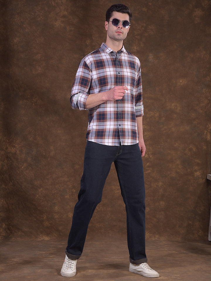 COBB NAVY CHECKED SLIM-FIT CASUAL SHIRT