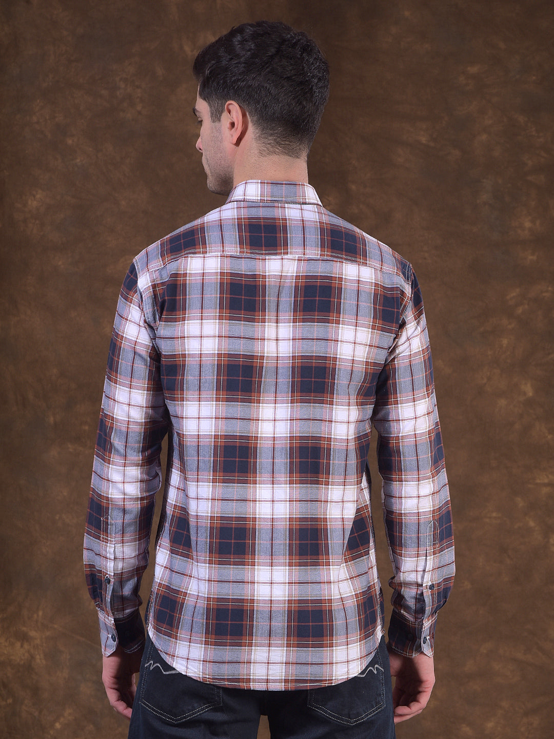 COBB NAVY CHECKED SLIM-FIT CASUAL SHIRT