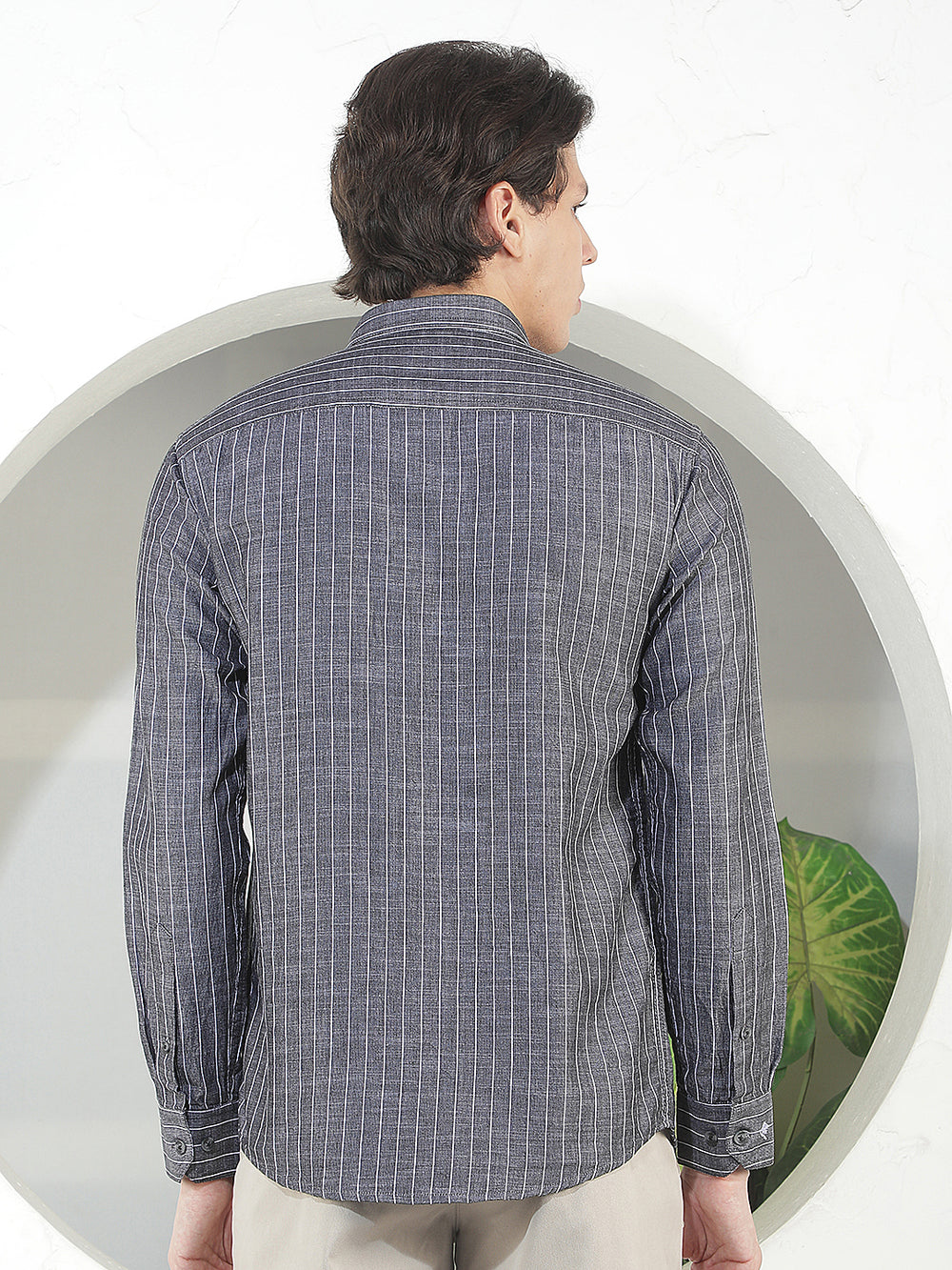 carbon black striped slim-fit casual shirt