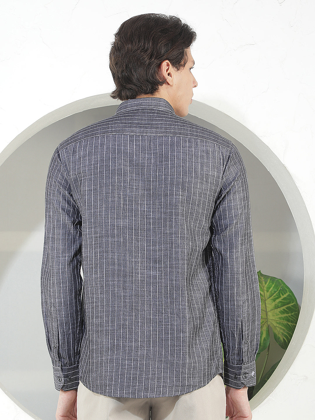 carbon black striped slim-fit casual shirt