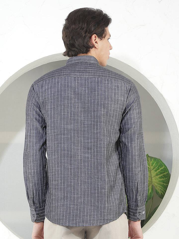 carbon black striped slim-fit casual shirt