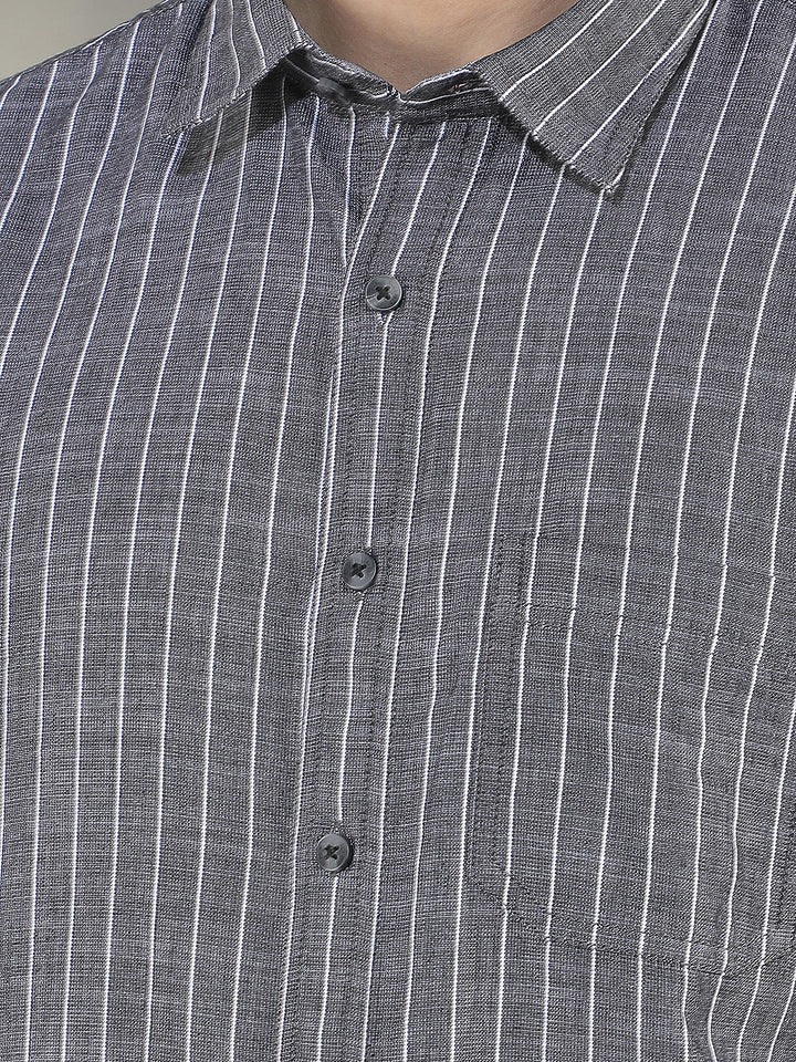 carbon black striped slim-fit casual shirt
