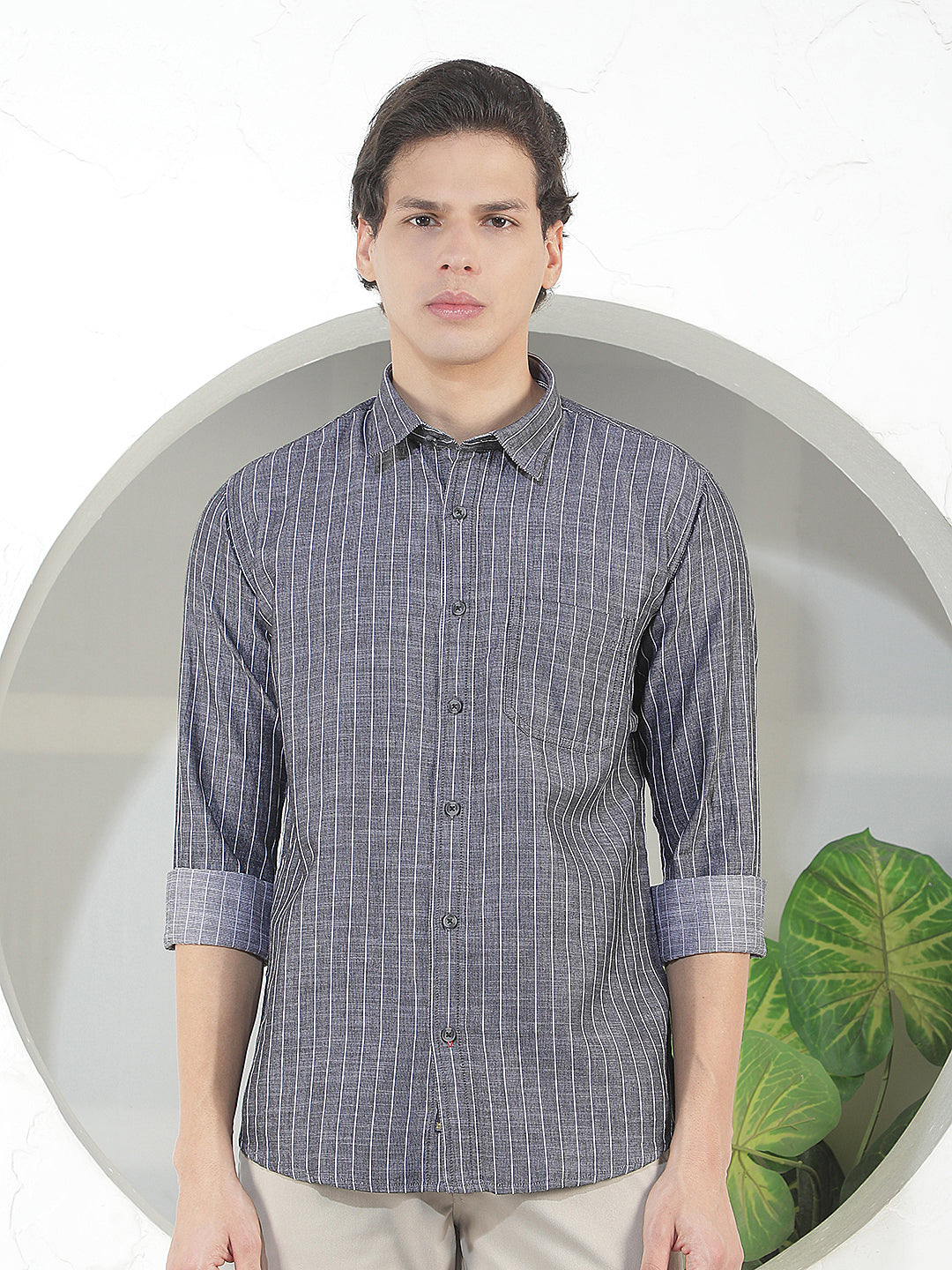 carbon black striped slim-fit casual shirt