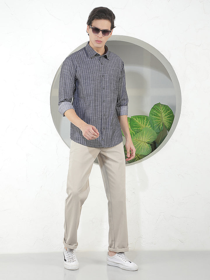 CARBON BLACK STRIPED SLIM-FIT CASUAL SHIRT