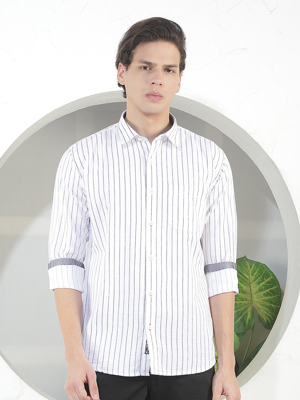 white striped slim-fit casual shirt